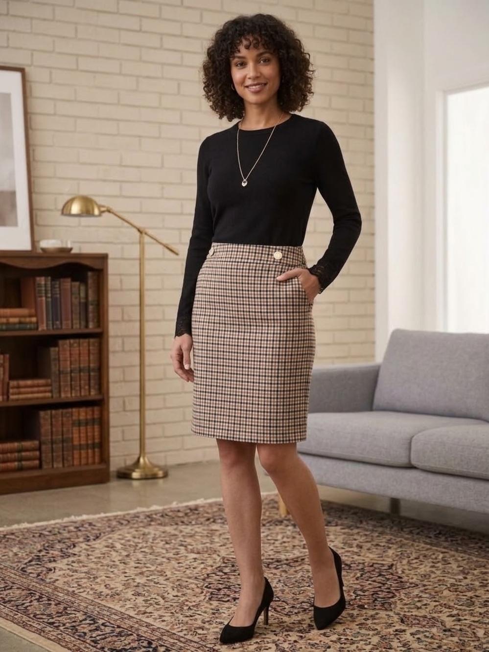 Ann Taylor Checked Pencil Skirt in Black and Tan
